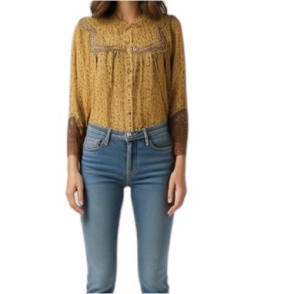 JOIE Boho Floral Prairie Puff Sleeve Ruffle Yoke Button Down Top Size S